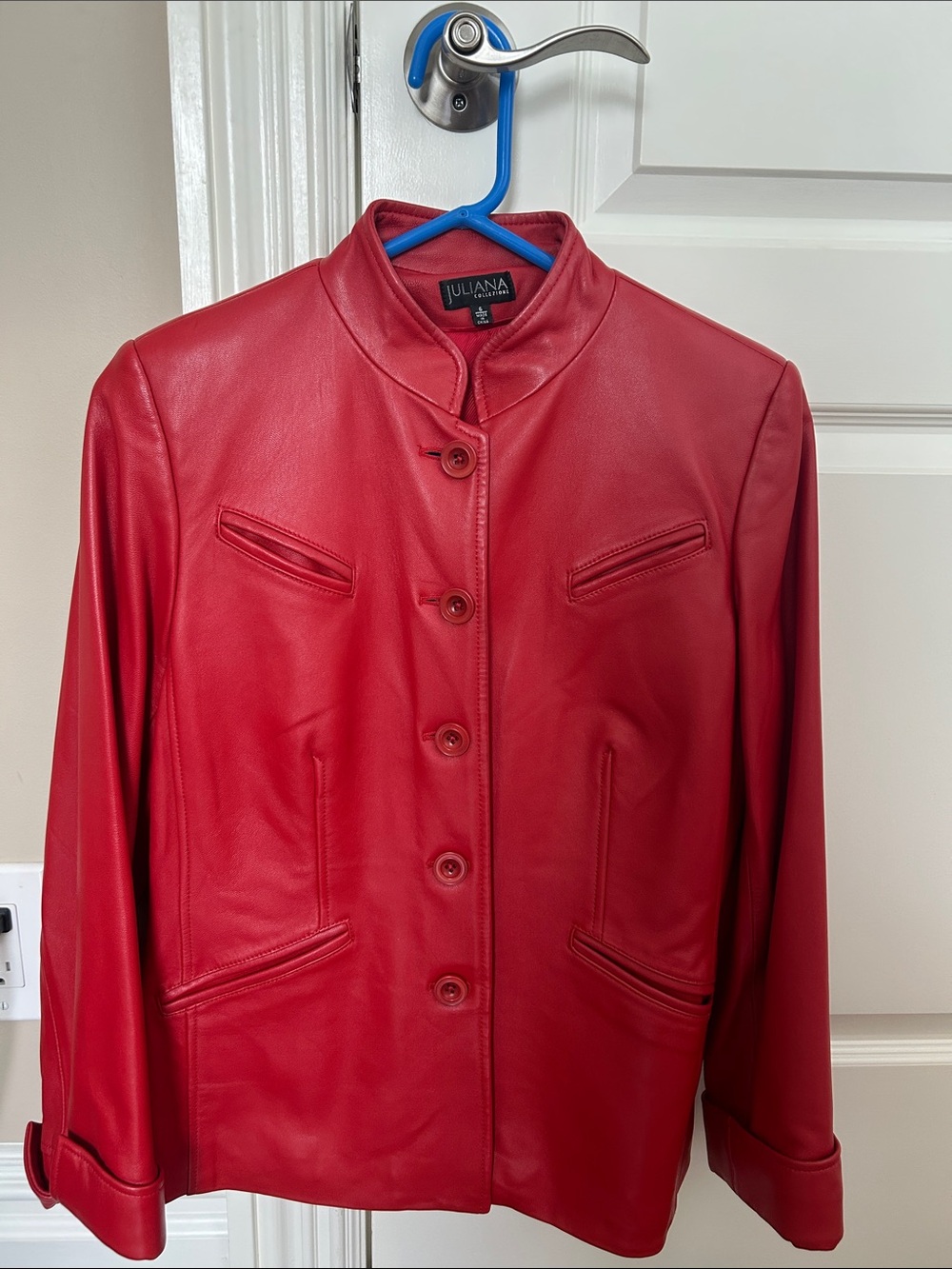 Women's Red Leather Button-Front Jacket